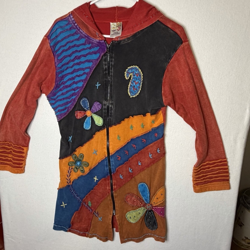 India Boutique Patchwork Zip Hoodie Jacket  Boho Embroidered Hippie Gypsy Boho M